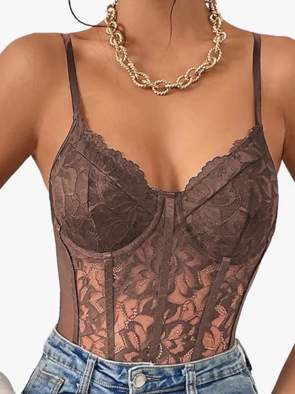 NWOT Women's Sexy Sheer Mesh Lace Bodysuit Spaghetti Strap Bustier Corset Tops